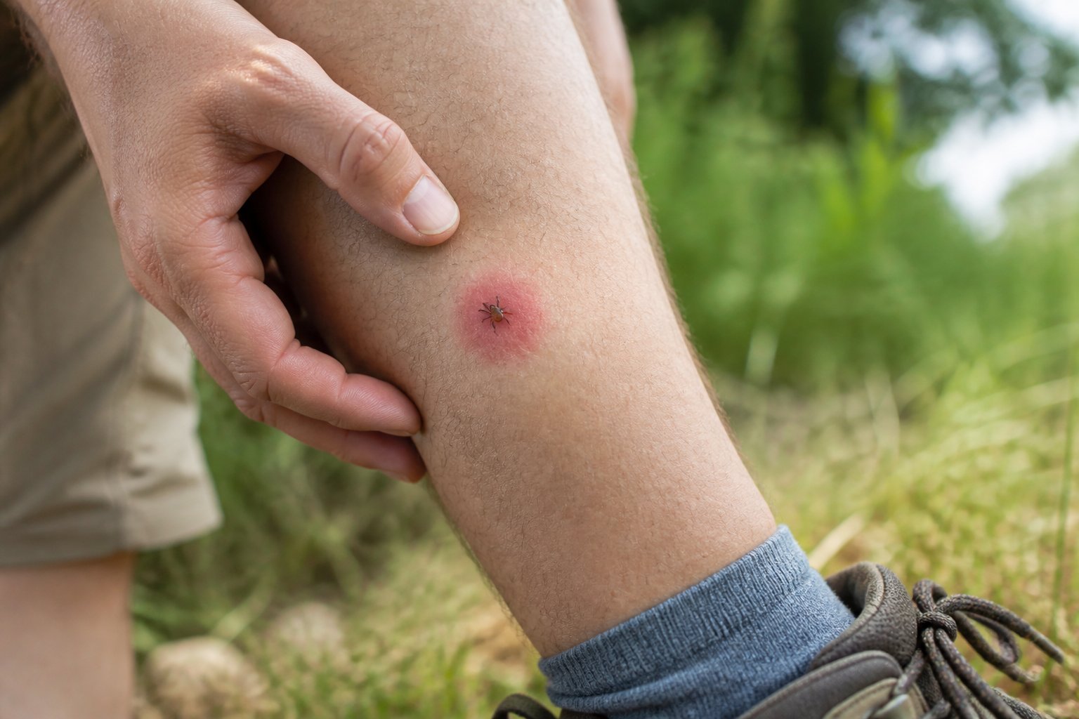Close-up of a tick attached to a person's leg near a red, swollen bite mark.