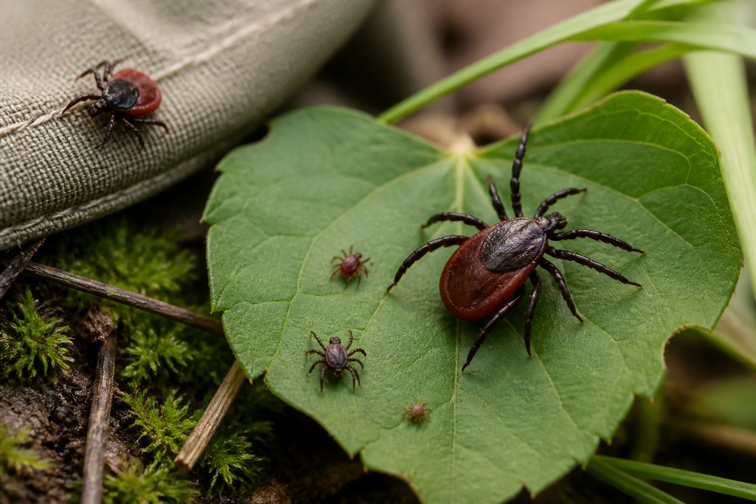 Several ticks at different life stages on green foliage, with one adult tick shown in close-up.