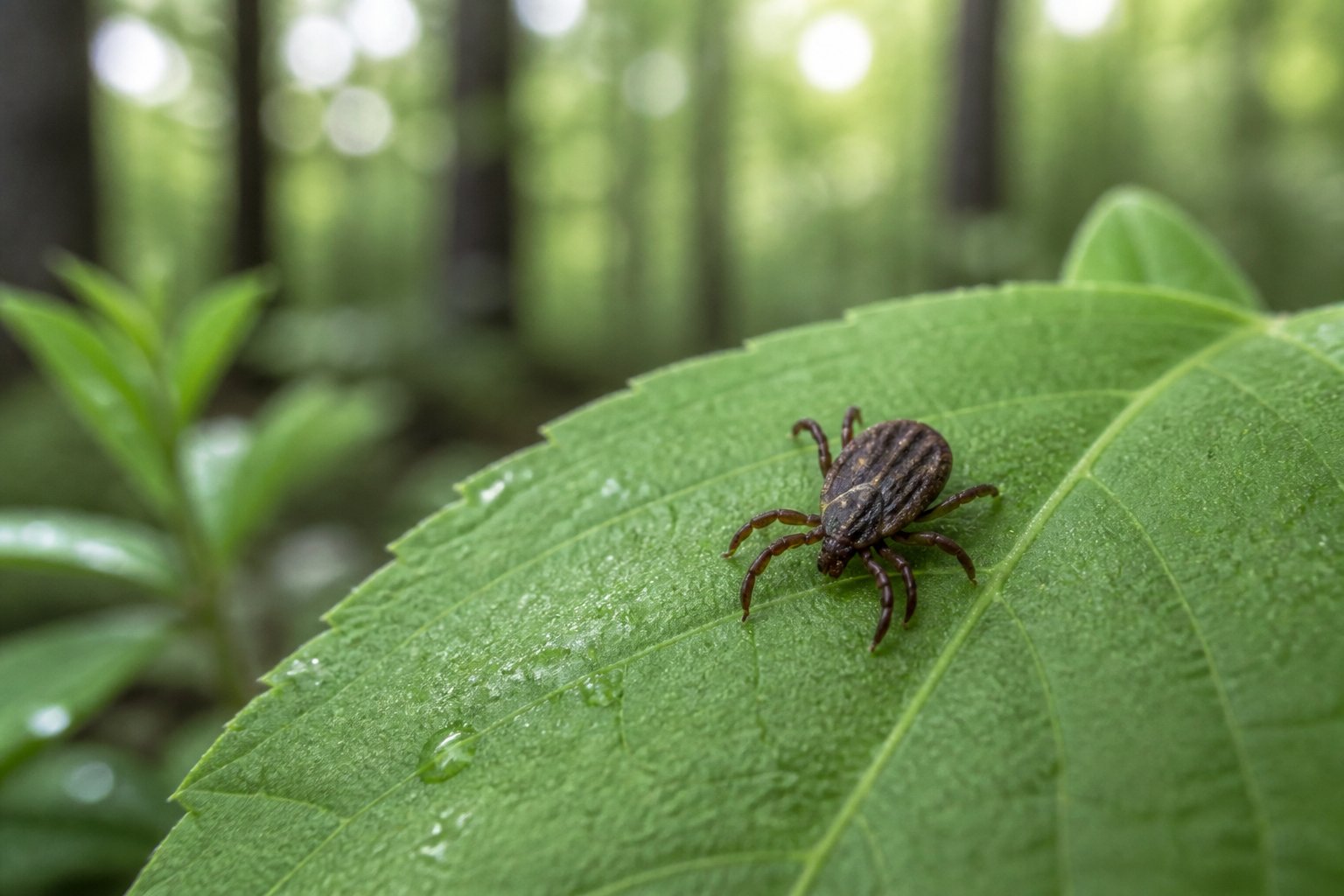 A tick resting on a green leaf in a blurred natural outdoor setting.