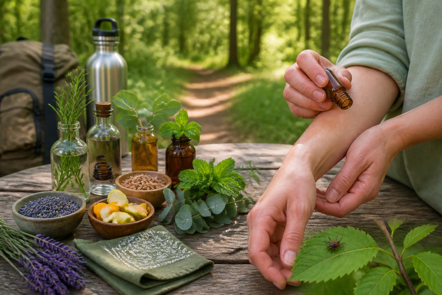 Natural herbs and citrus peels arranged beside hiking gear near a woodland trail, with a person applying repellent to an arm.