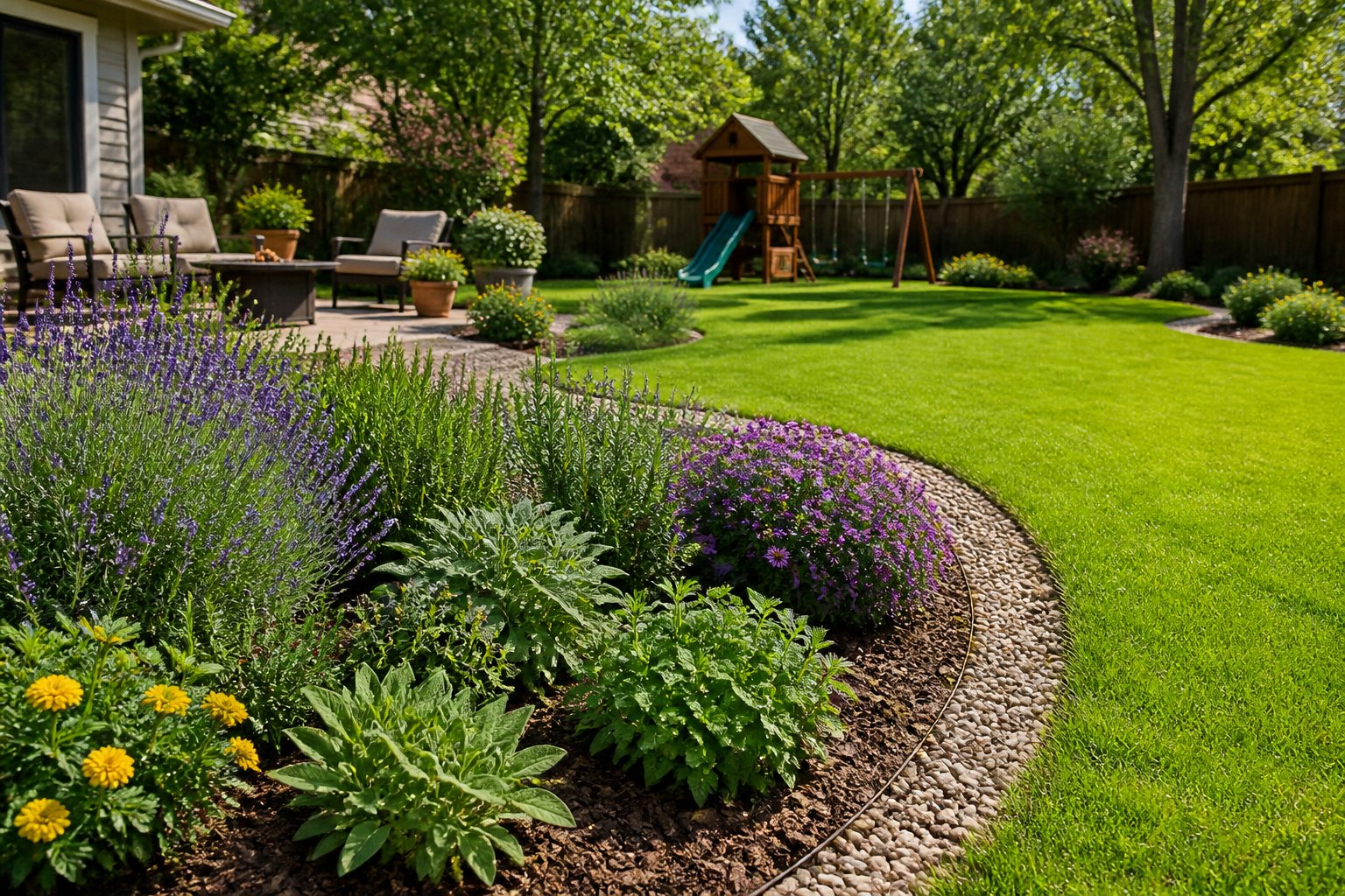 A sunny backyard garden with aromatic plants and neatly bordered lawn areas.