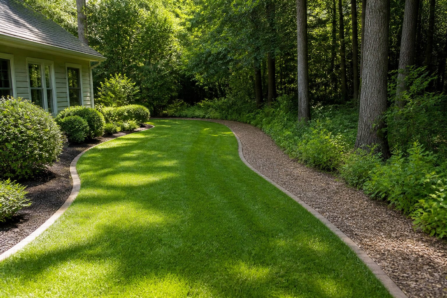 A sunny, neatly maintained backyard with a short lawn and trimmed landscaping beside a shaded wooded area.