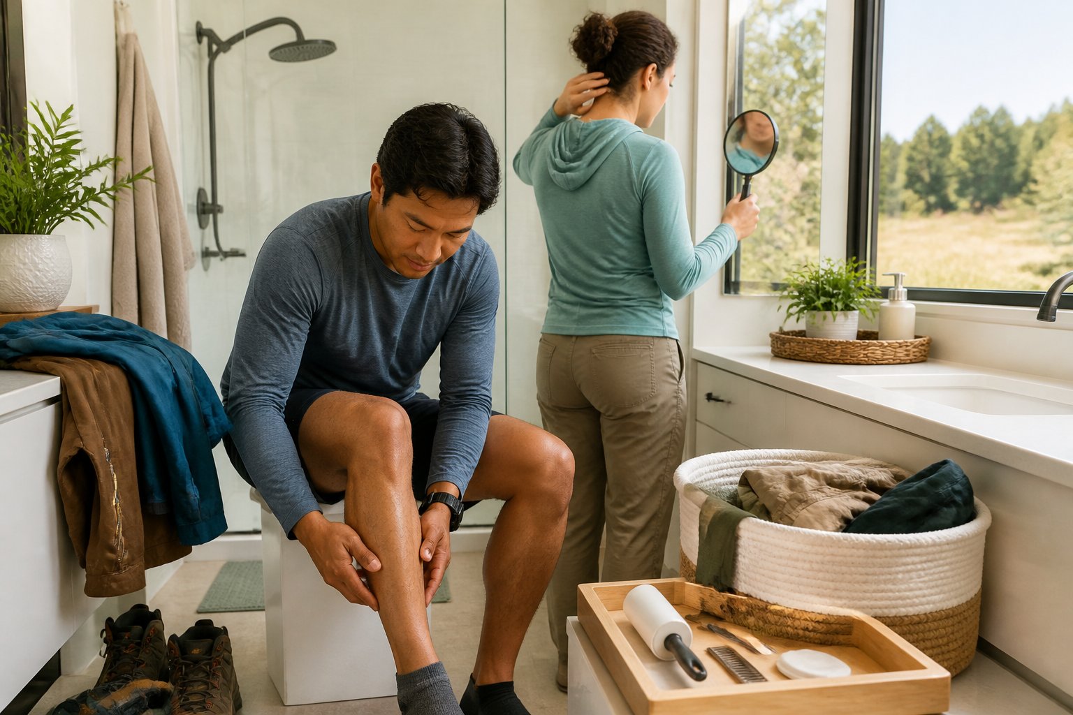 A hiker checks their skin and clothing for ticks in a bright bathroom after returning from a wooded trail.