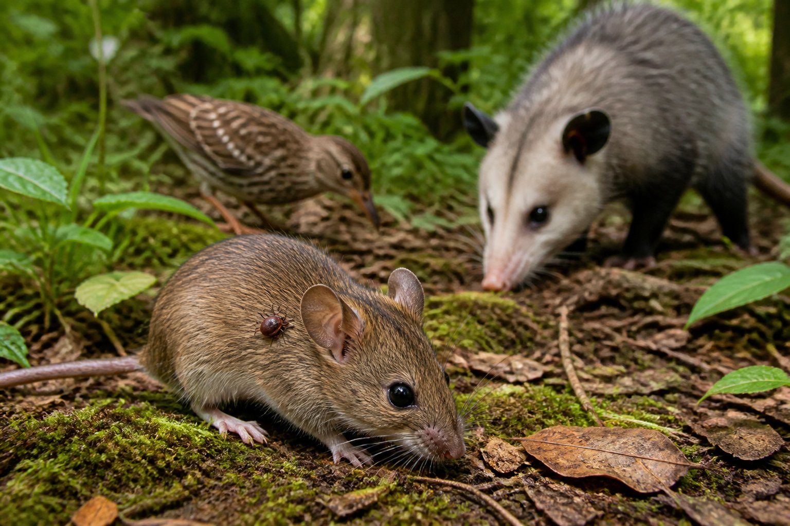A tick on a small woodland mammal as nearby wildlife searches for food among leaves and plants.