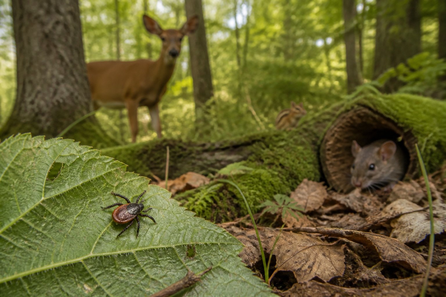A tick rests on a leaf in a woodland habitat with a deer and small mammals in the background.
