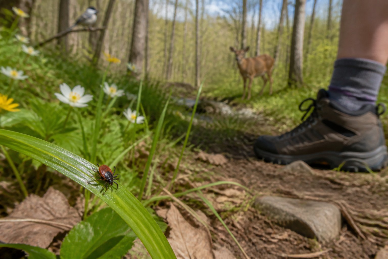 A tick rests on grass in a diverse woodland meadow near a hiker’s boot.