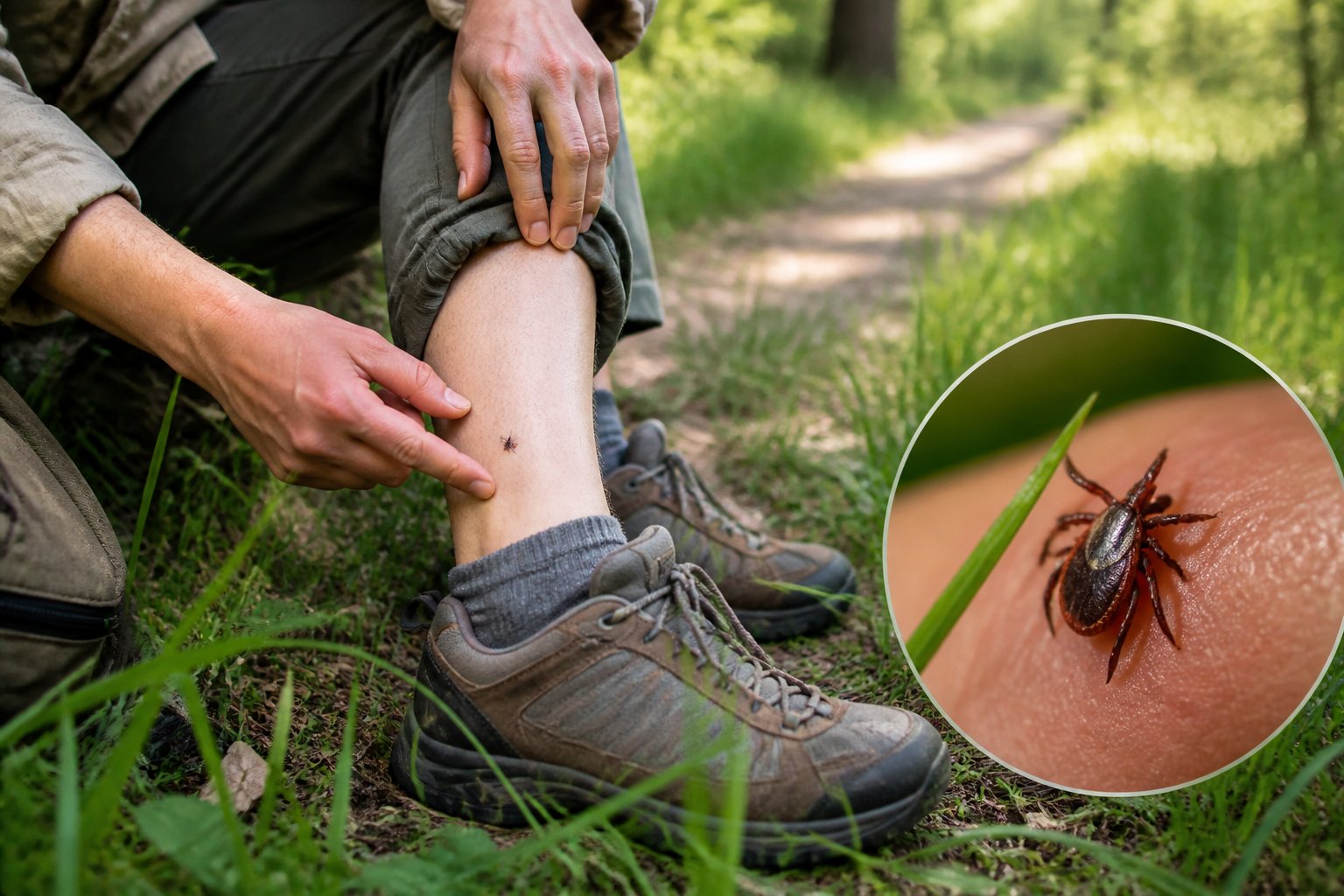 A person checks their ankle for a tick beside a grassy woodland trail.