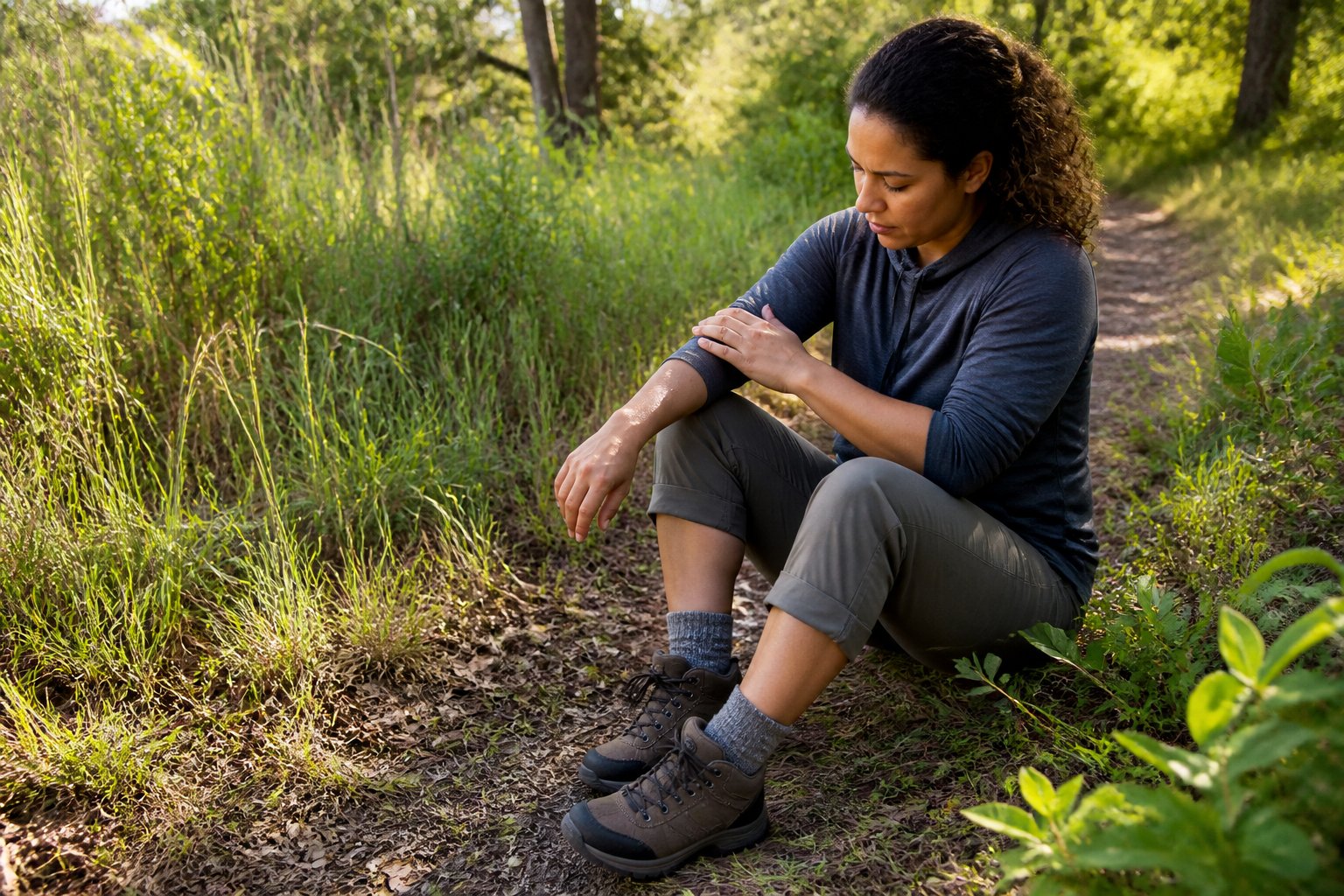 A hiker checks their skin for ticks beside a grassy woodland trail after spending time outdoors.