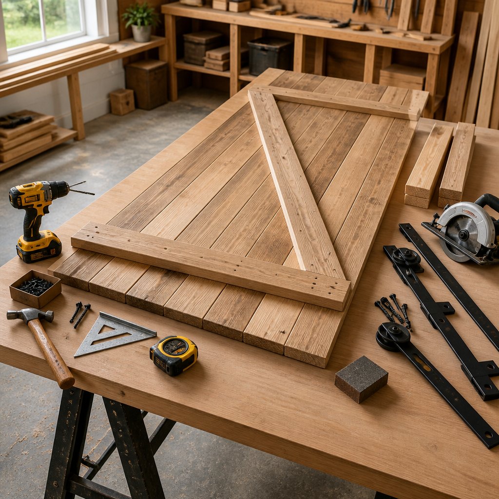 A partially assembled wooden barn door rests on sawhorses in a workshop surrounded by woodworking tools and hardware.