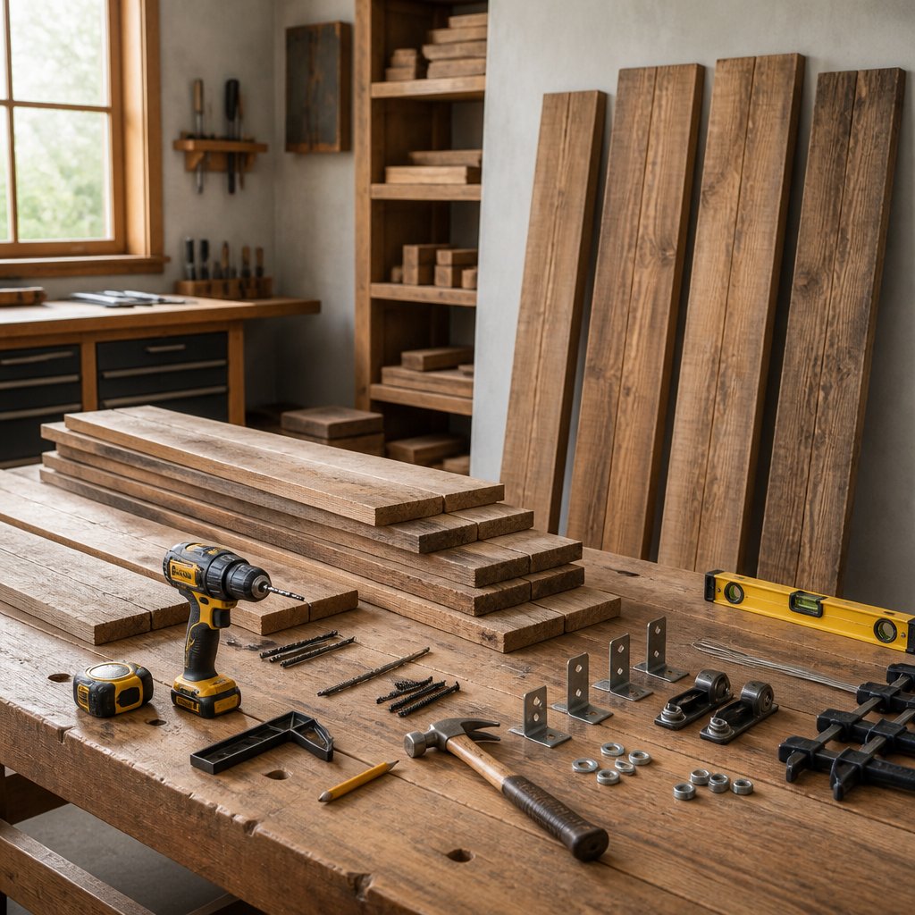 Lumber, hardware, and woodworking tools arranged on a workshop bench.