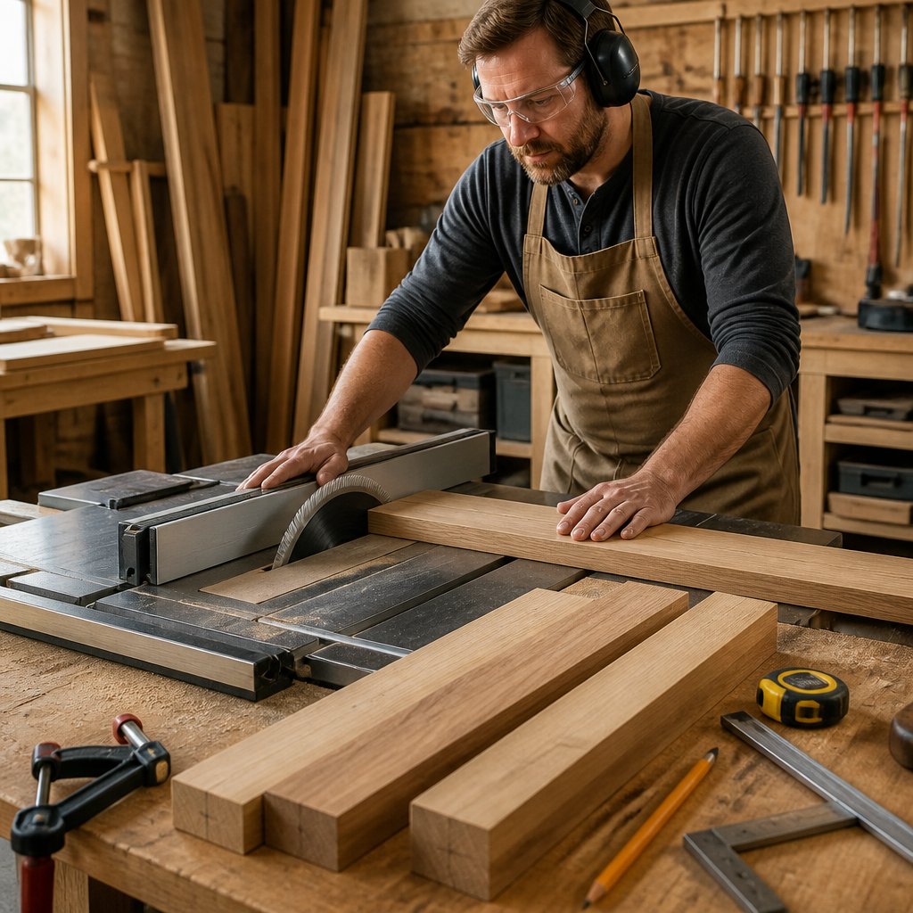 A woodworker cuts timber boards for the rails and stiles of a barn door in a workshop.