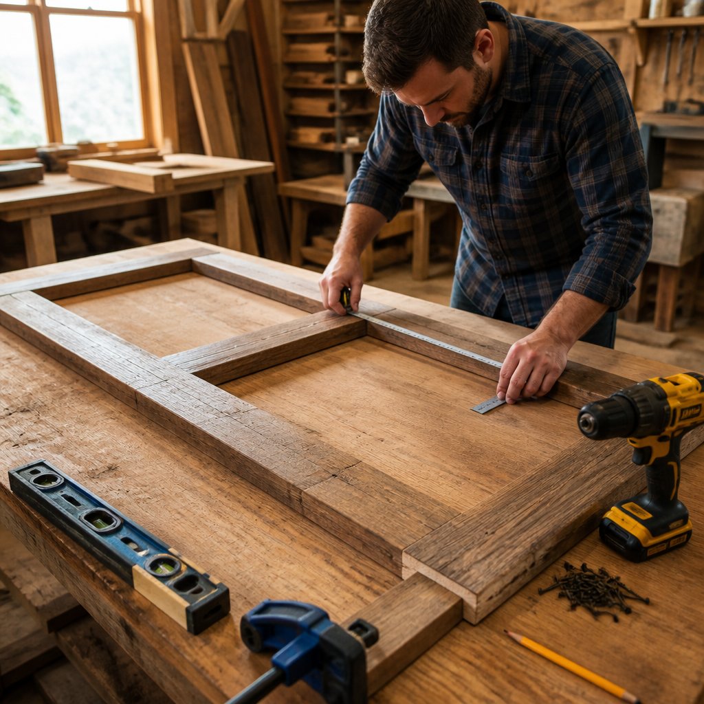 A carpenter measures and assembles wooden boards into a barn door frame in a workshop.