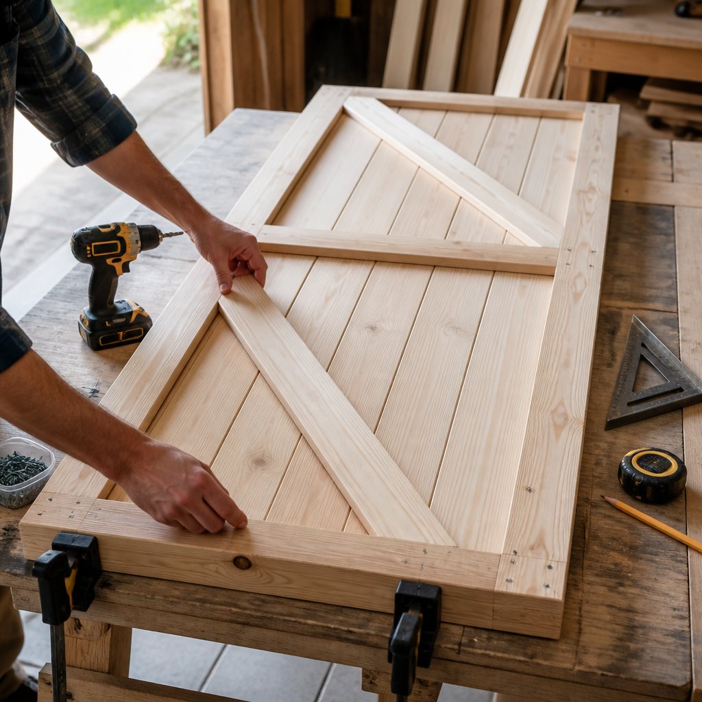 A person installs center supports and diagonal braces on a wooden barn door in a workshop.