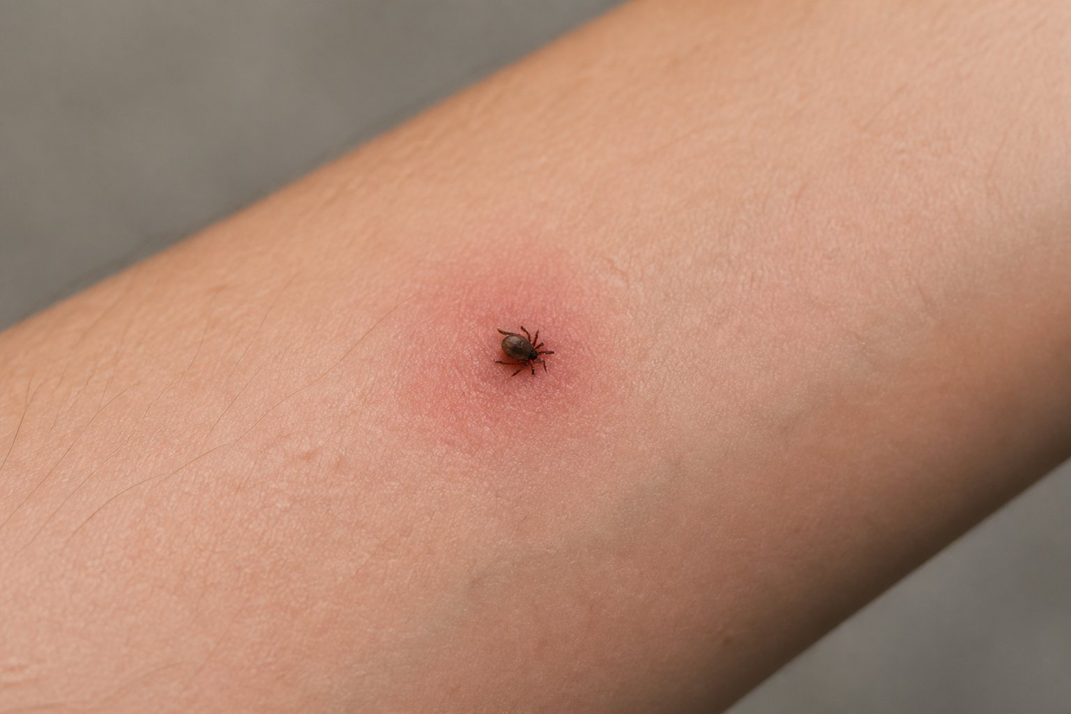 Close-up of a tick attached to a person's forearm, surrounded by mild redness and swelling.