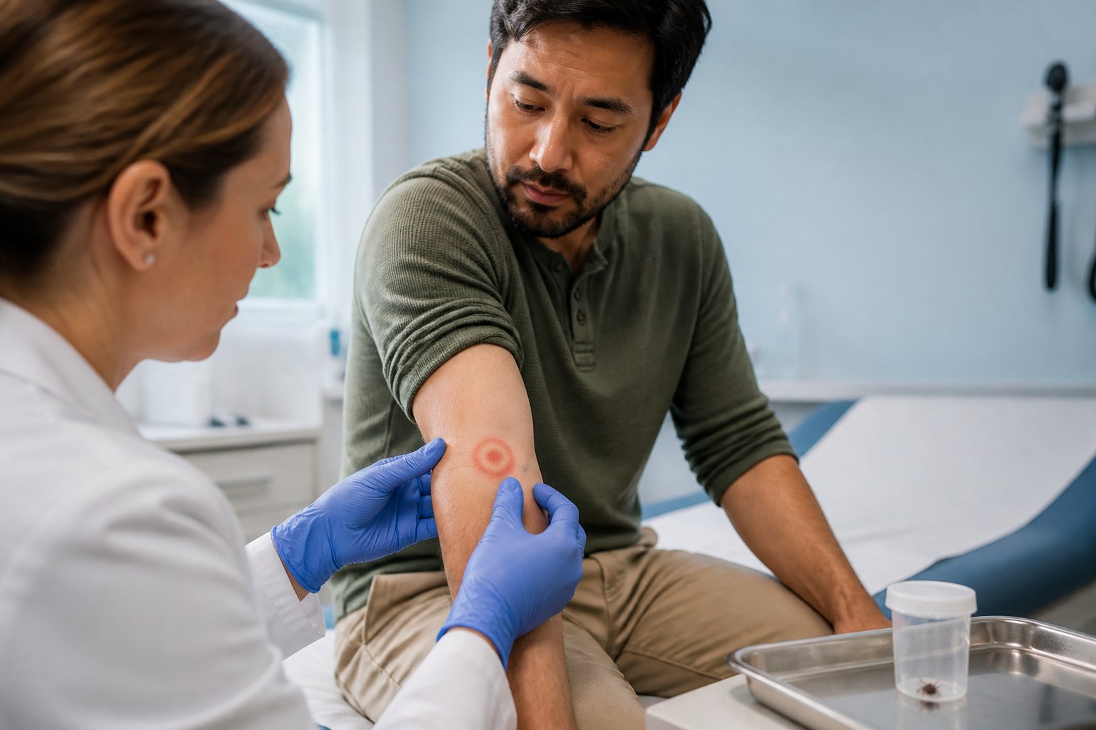 A healthcare professional examines a red circular rash on a hiker’s arm in a medical examination room.