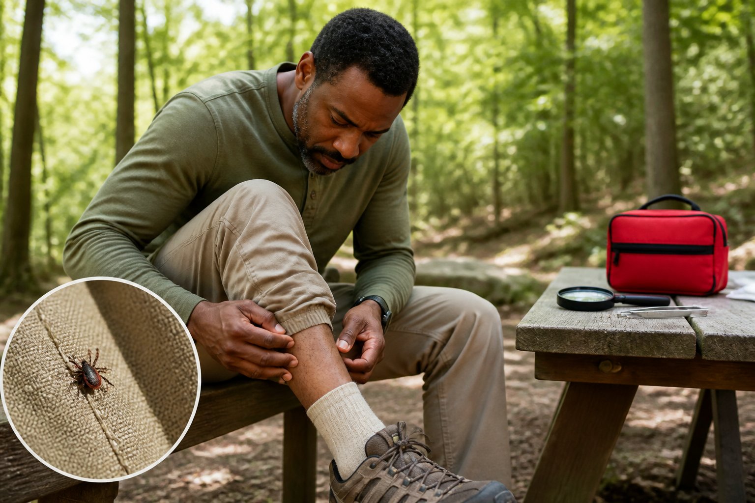 A hiker checks their lower leg for ticks beside outdoor safety supplies in a forest clearing.