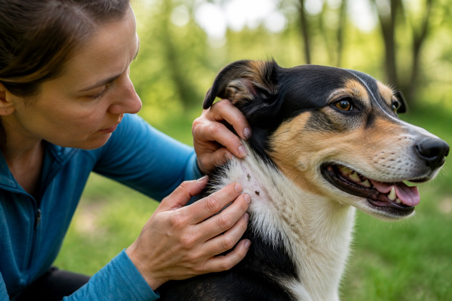 A dog owner checks a dog's fur for ticks outdoors.