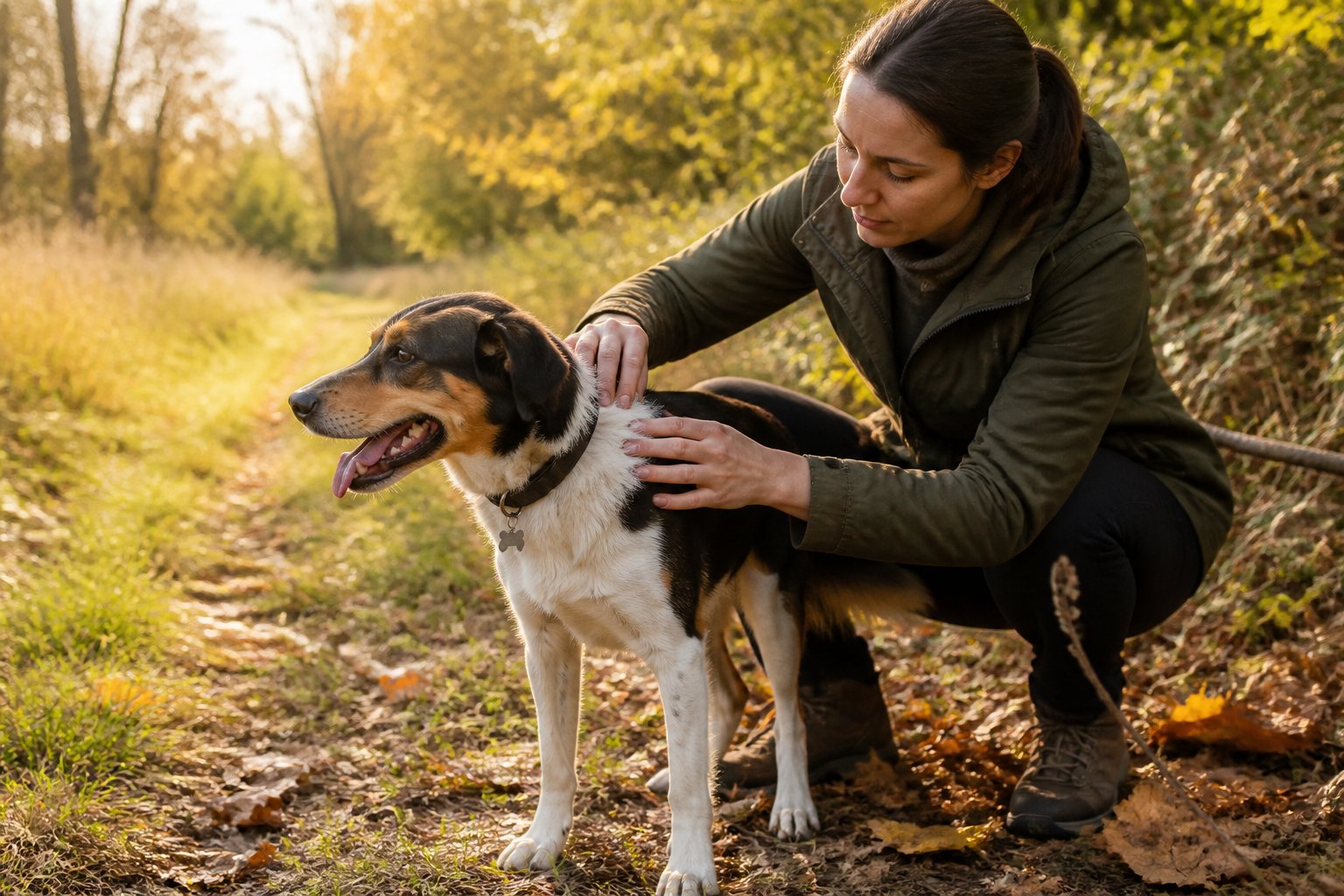 An owner checks a dog’s coat beside a grassy woodland trail in autumn.