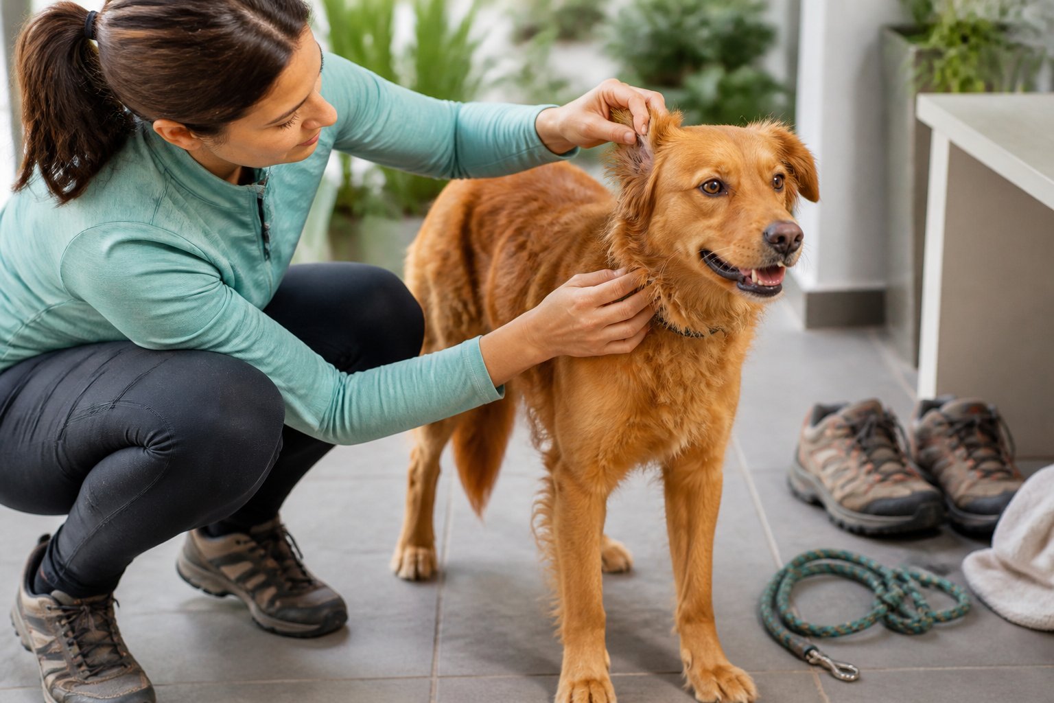 An owner checks a dog’s fur for ticks after an outdoor walk.