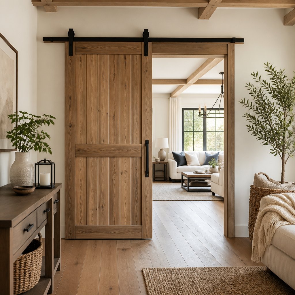 A wooden sliding barn door partially open between a hallway and a bright living room.