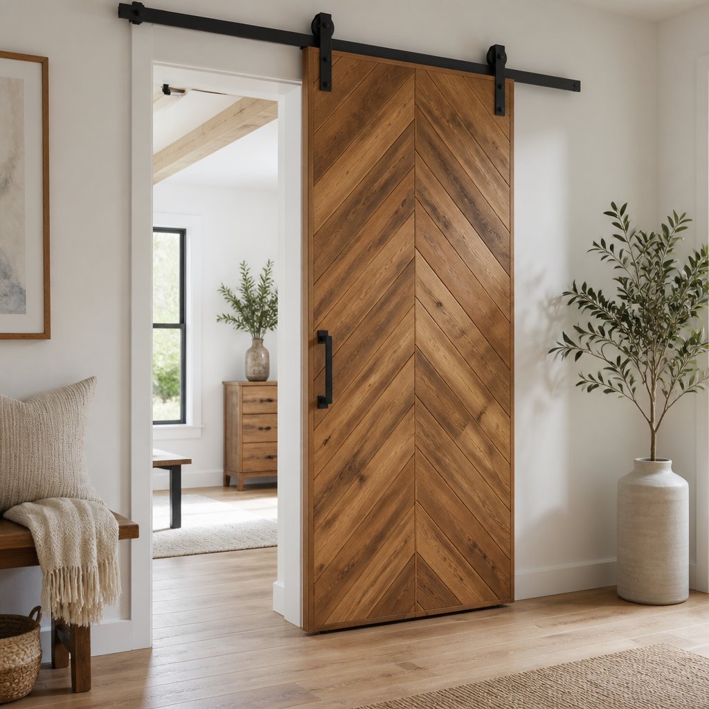 A chevron-pattern wooden sliding barn door in a bright home interior.