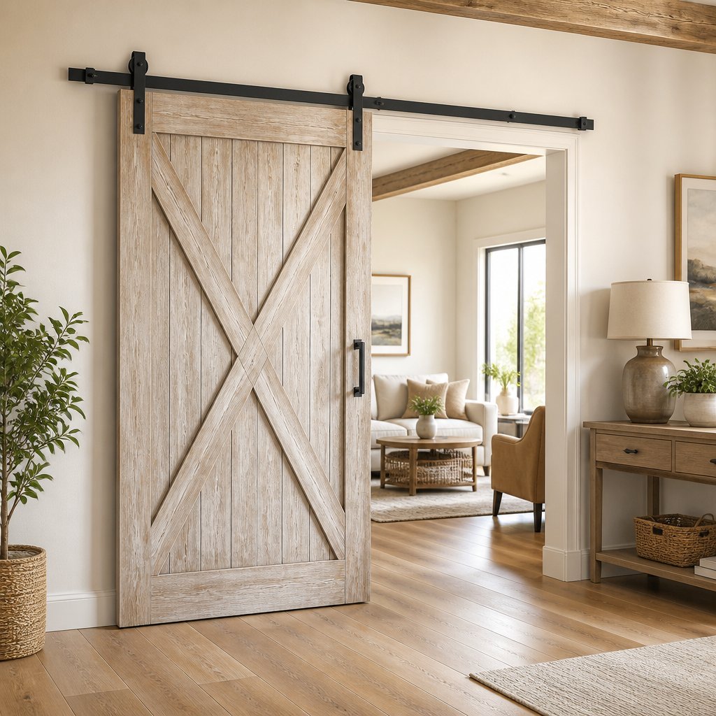 A white X-panel sliding barn door separates two bright rooms in a home.