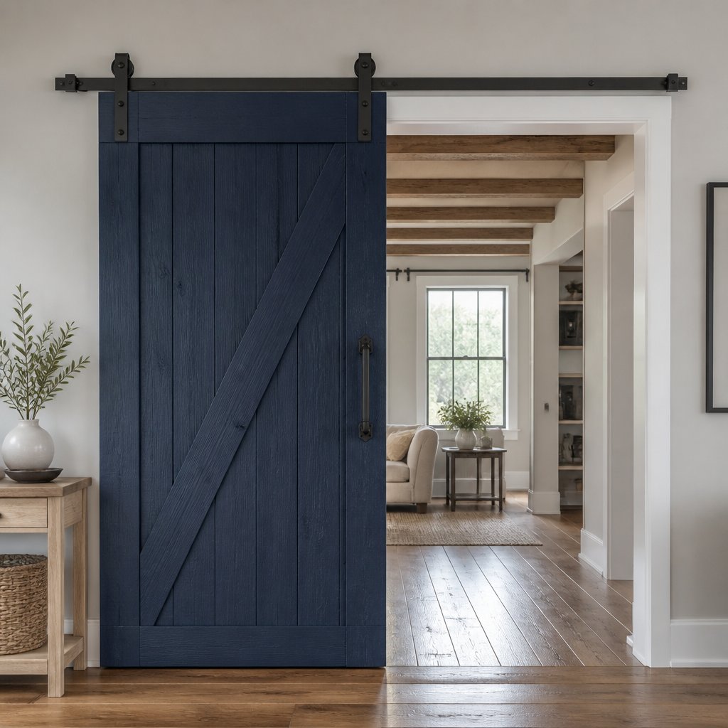 A navy-blue sliding barn door in a bright modern farmhouse interior.