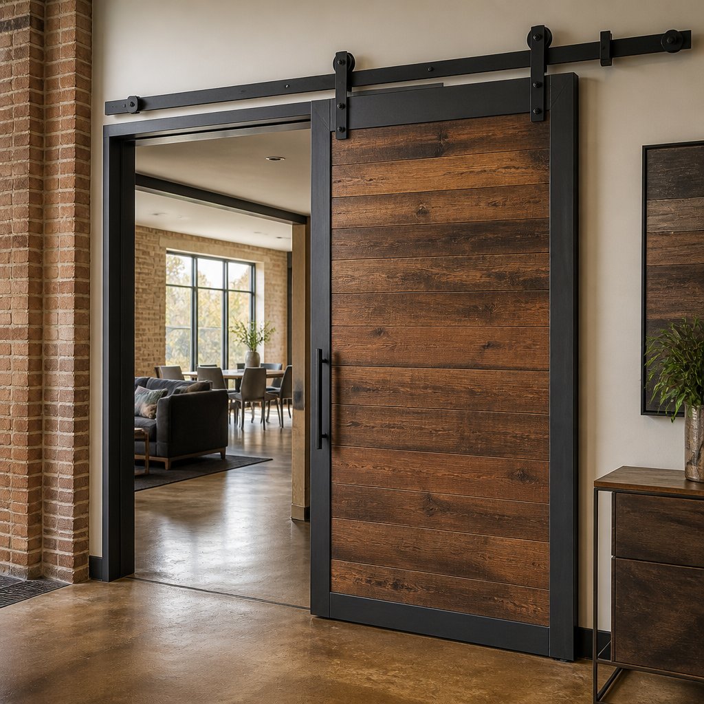 A sliding wood and metal barn door partially open between two rooms in a modern home.