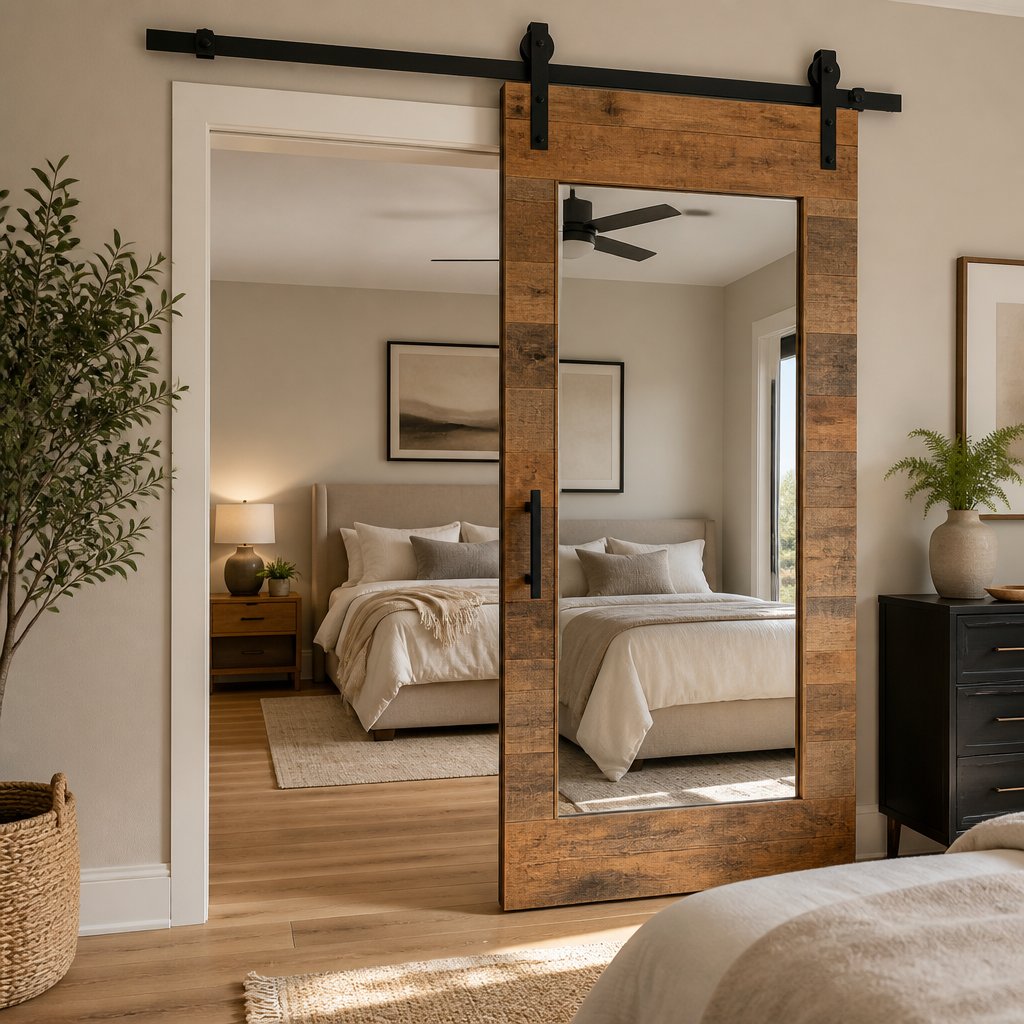 A bedroom with a partially closed mirrored sliding barn door.