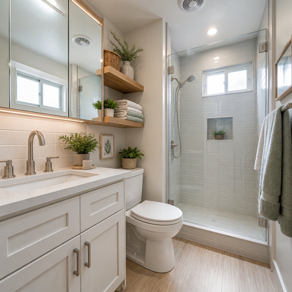 A bright, modern remodeled mobile home bathroom with a compact vanity, glass shower, neutral tile, wood-look flooring, and efficient storage.