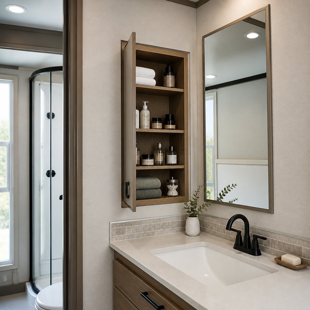 A remodeled mobile home bathroom with a recessed medicine cabinet above the vanity.