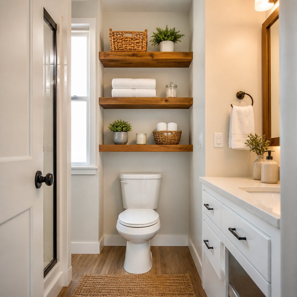 A remodeled mobile home bathroom with open wooden shelves above a white toilet.