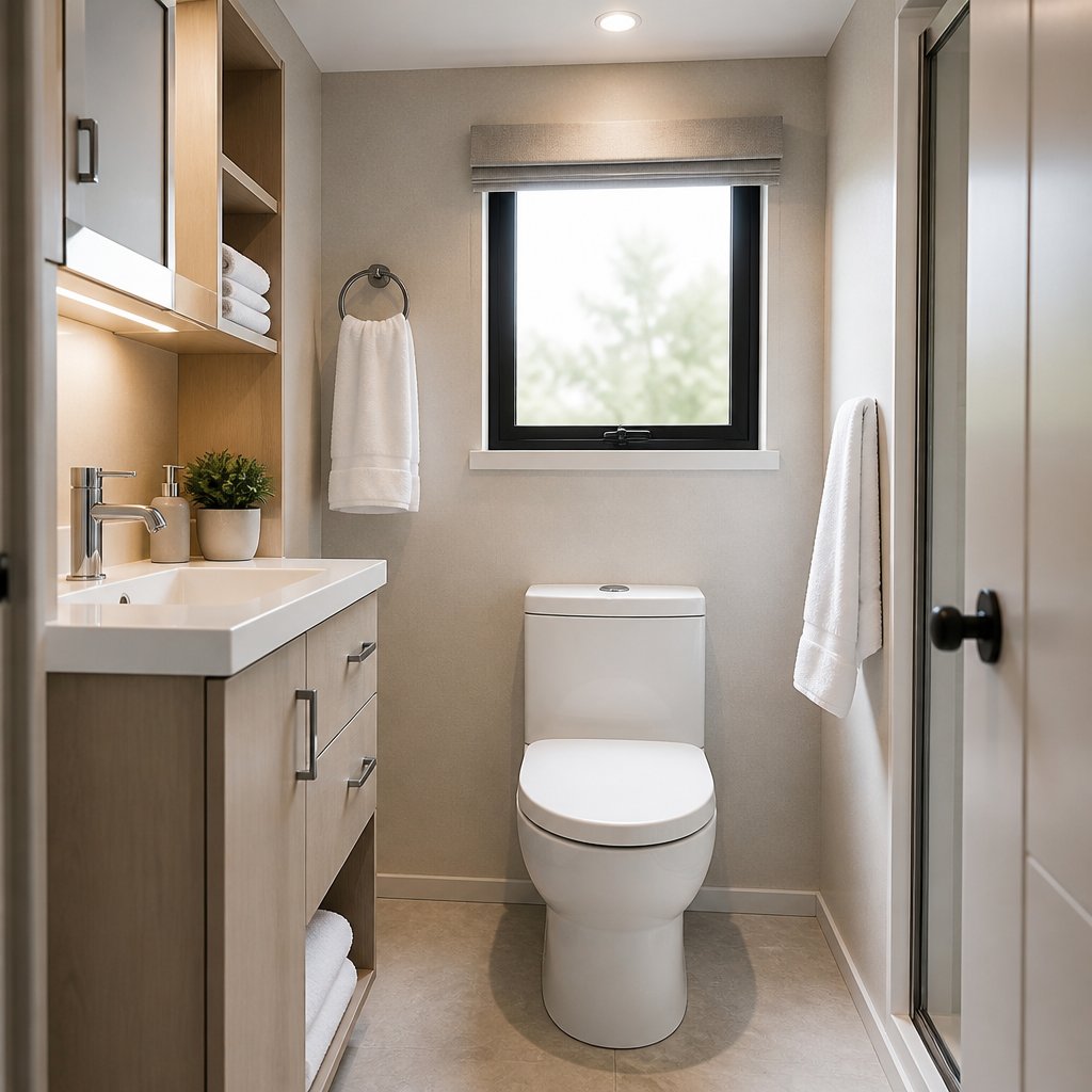A modern compact mobile home bathroom with a clean water-saving toilet, vanity, and neatly folded towels.