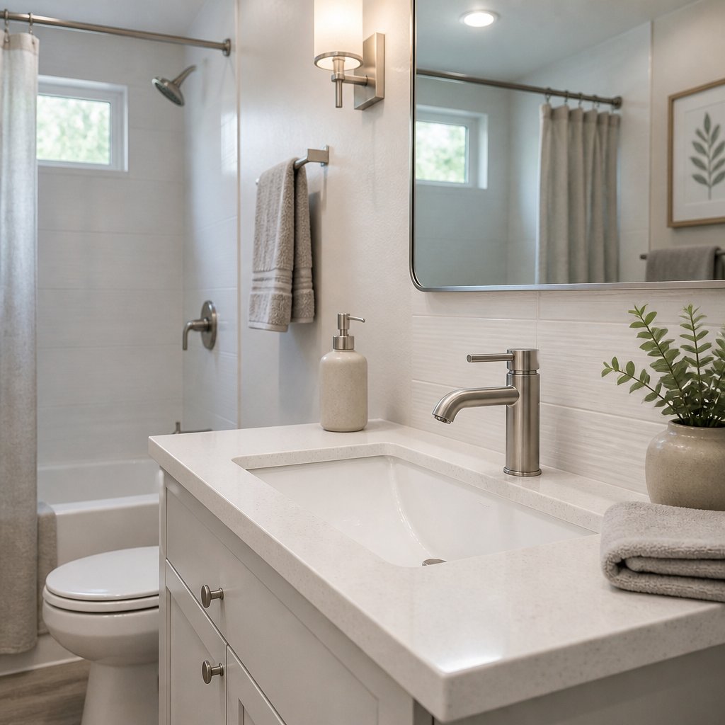 A compact modern bathroom with a low-profile faucet on a white vanity.