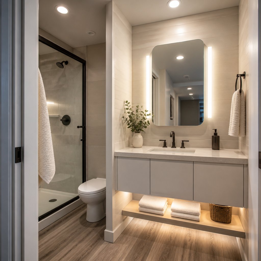 A compact remodeled bathroom with a bright vanity light, recessed ceiling lights, and warm accent lighting.