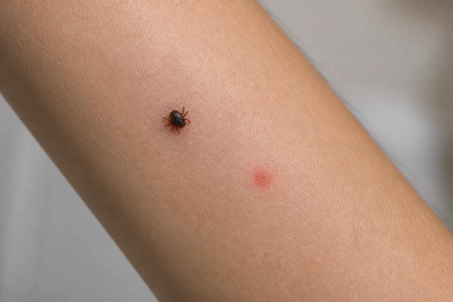 Close-up of an adult forearm showing a small attached tick and a nearby fresh red bite mark.