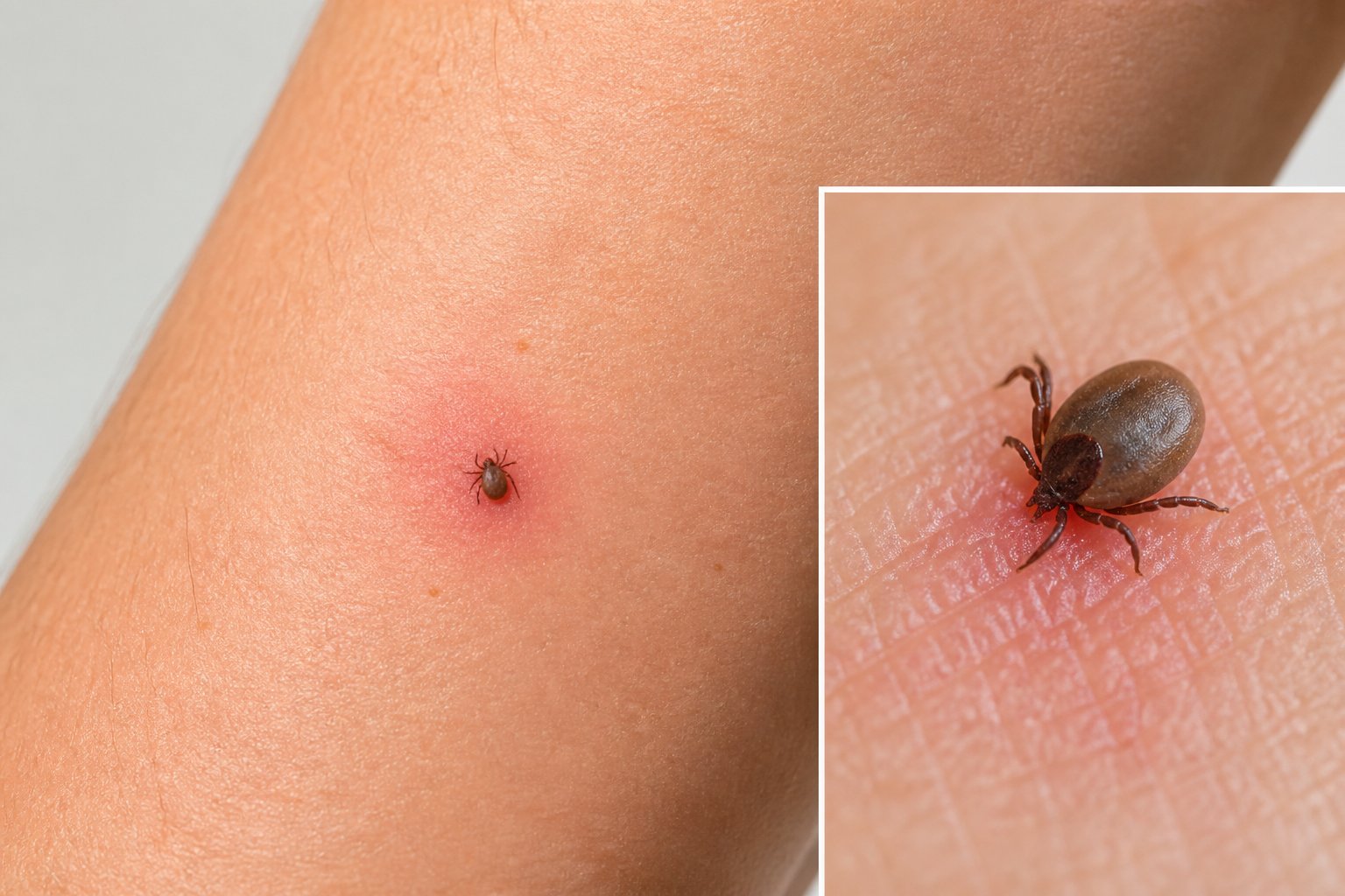 A close-up of a small tick attached to slightly reddened skin on a forearm.