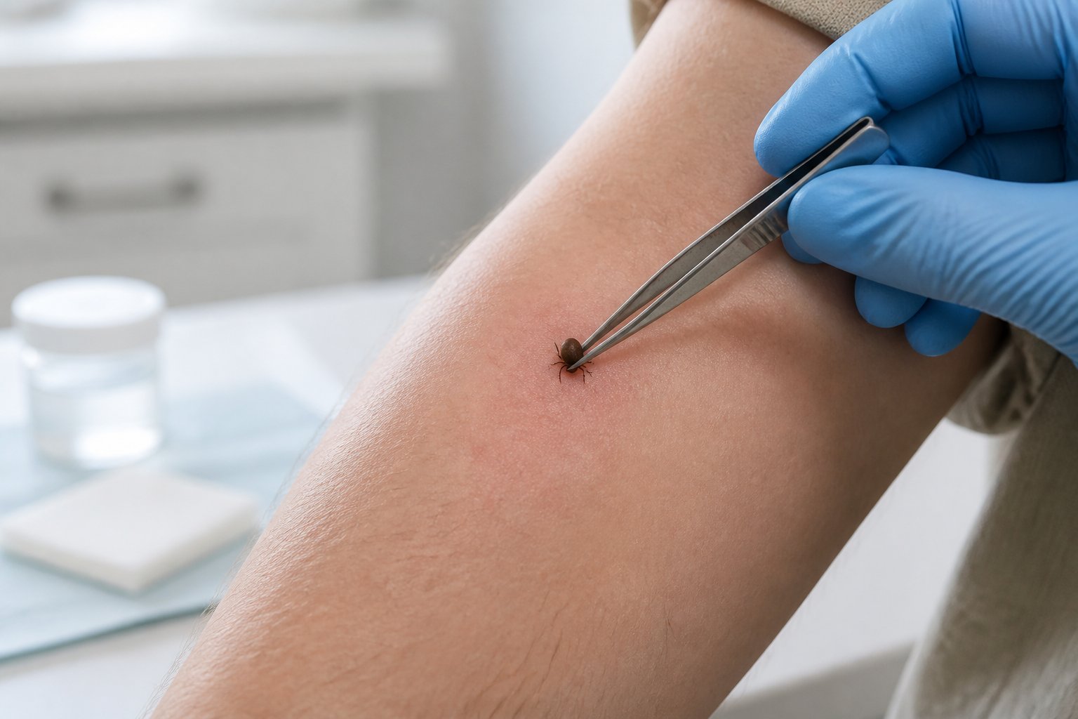 A gloved hand uses tweezers to remove a small tick attached to the skin of a forearm.