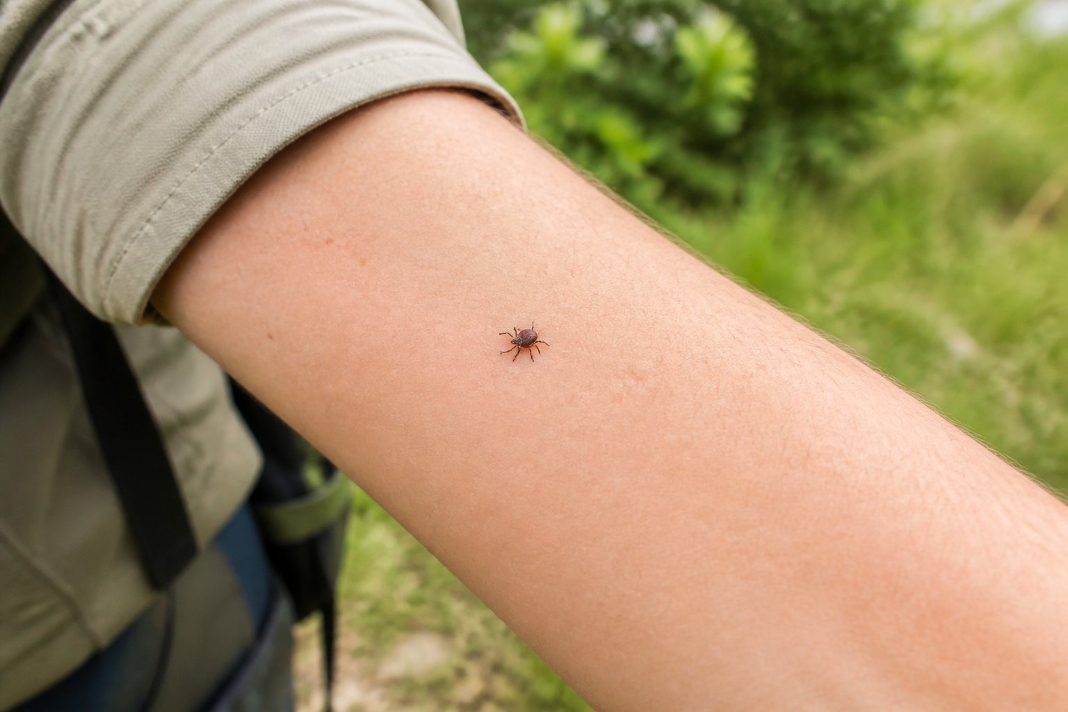 A small tick attached to the skin of a person’s forearm outdoors.