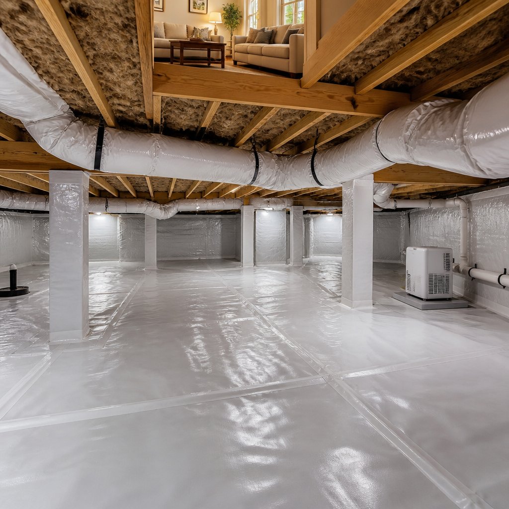 A clean, sealed crawl space with a vapor barrier, insulation, ductwork, and moisture-control equipment beneath a home.