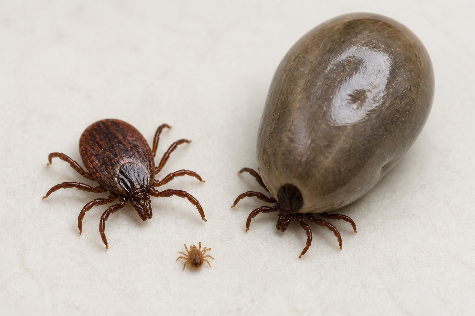 Several ticks of different sizes and stages are shown in close-up on a light surface.