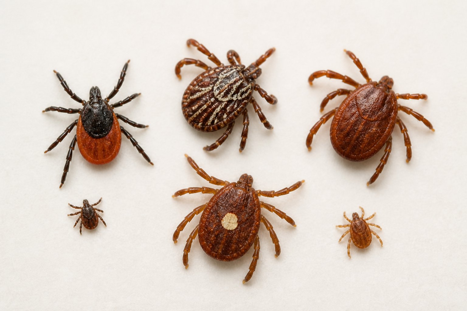 Several common U.S. ticks with different body markings are arranged on a light background.