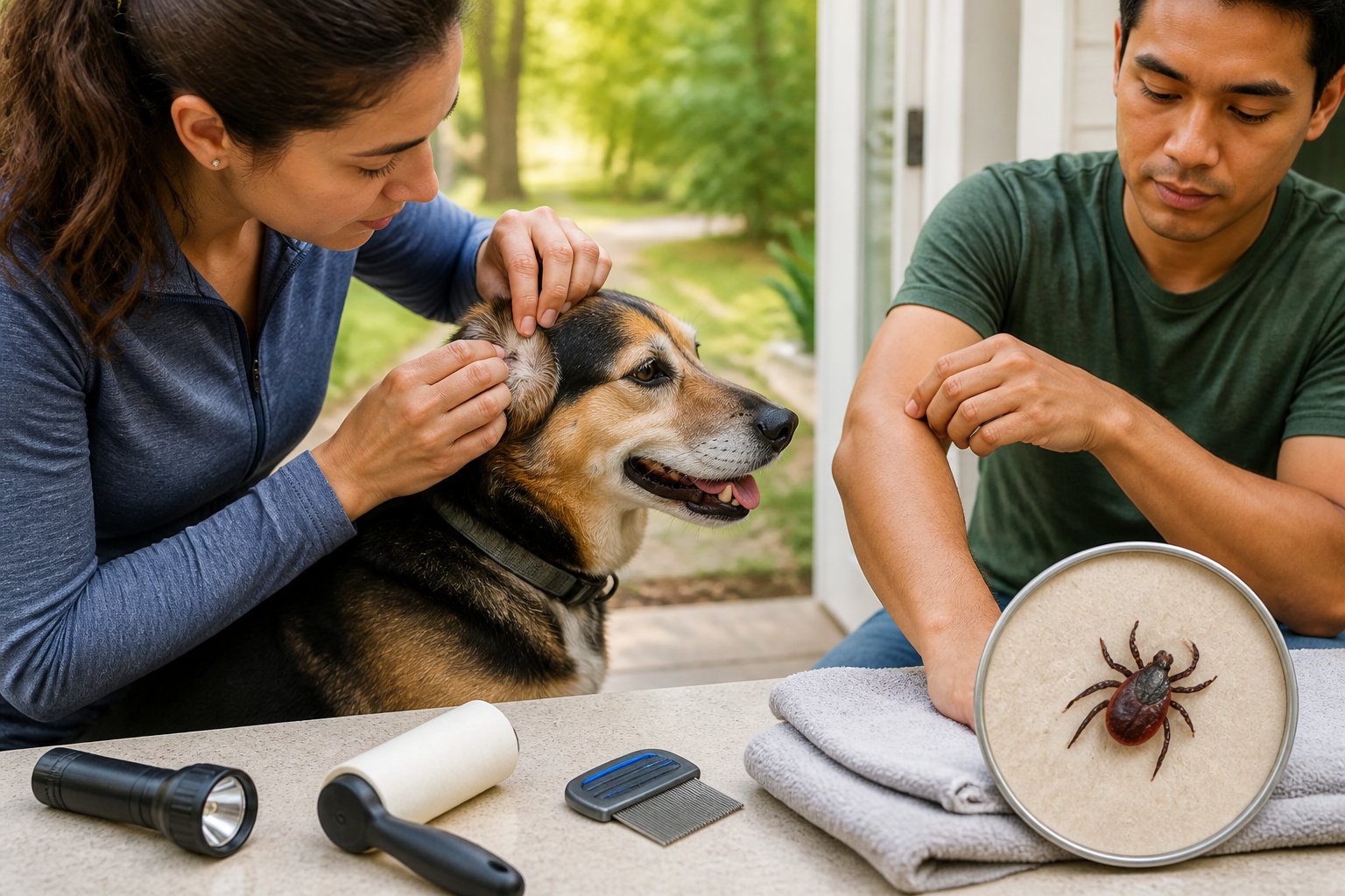 A person checks a dog’s fur and another person’s arm for ticks after being outdoors.