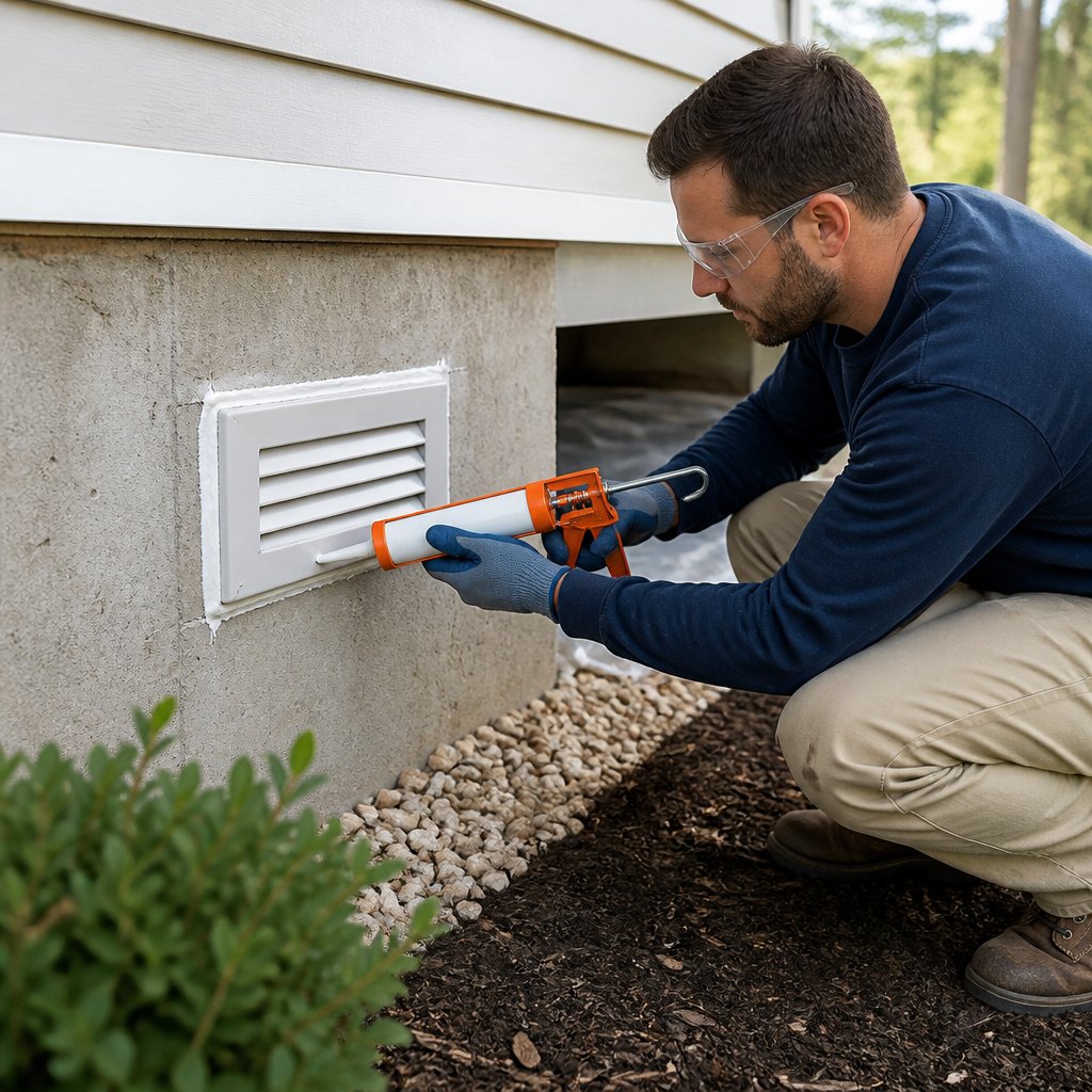 A homeowner seals a foundation vent on the exterior wall of a house.