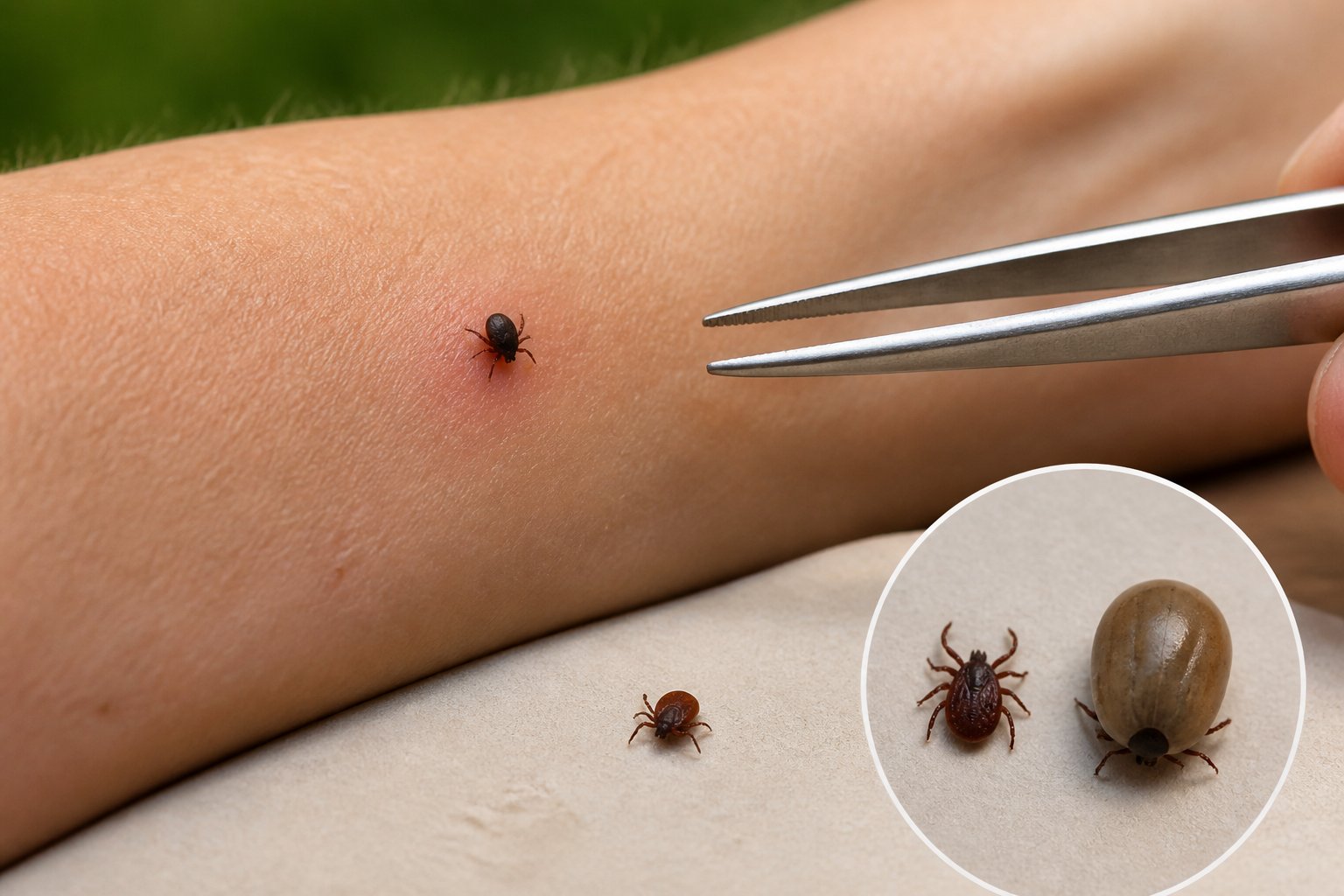 Close-up of a tick attached to a person’s forearm with another tick nearby for comparison.
