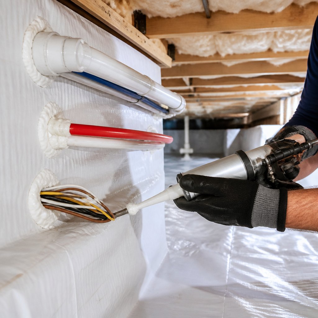A worker seals gaps around pipes and electrical wires in a clean, encapsulated crawl space.