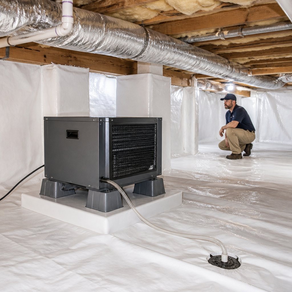 A dehumidifier installed in a clean, encapsulated residential crawl space.