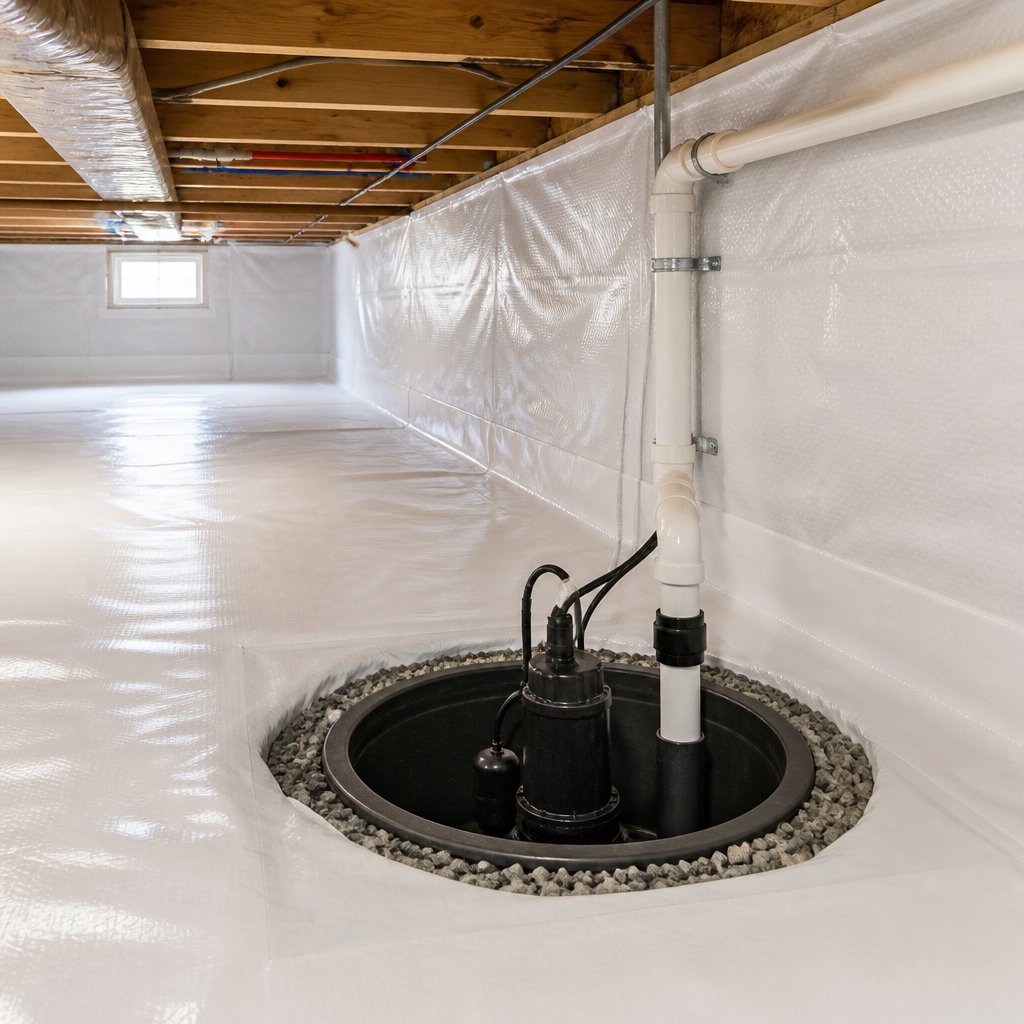 A sump pump installed in a sealed, clean residential crawl space.