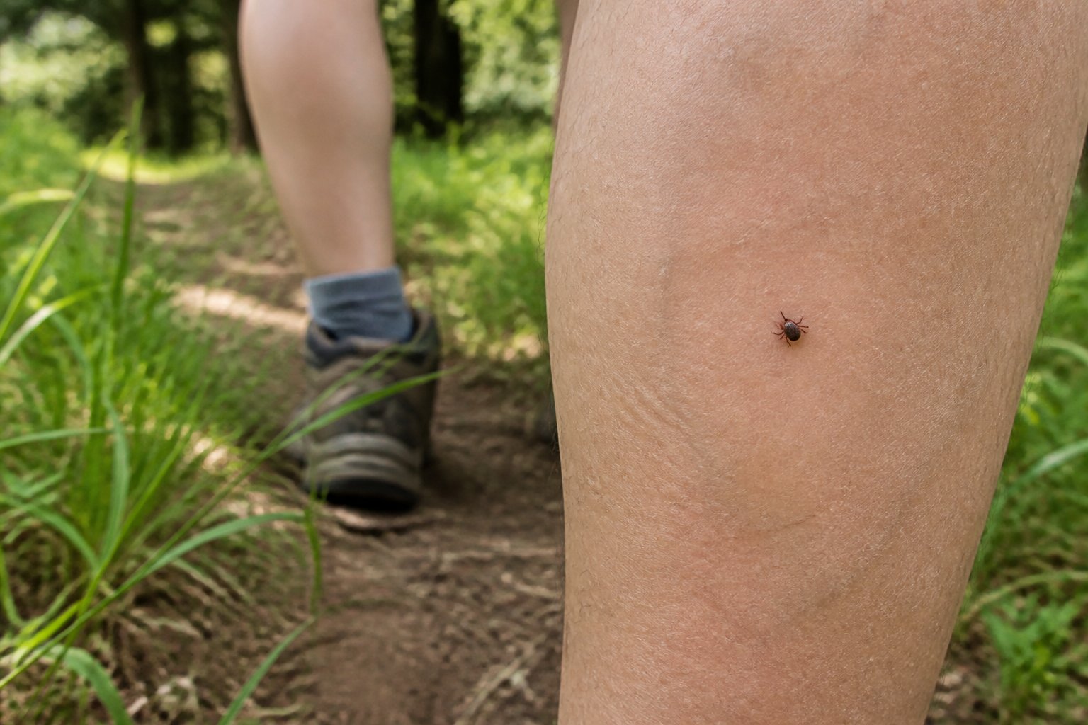 A tick attached to a person’s lower leg beside a grassy woodland trail.