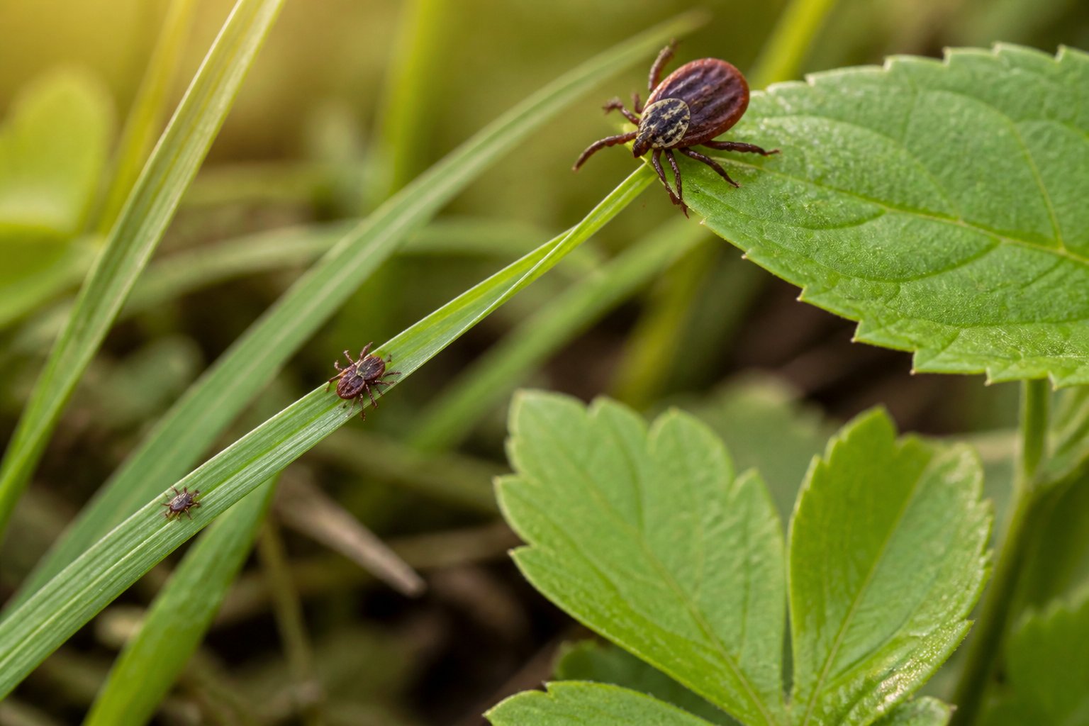 Ticks at different life stages on grass and woodland vegetation.